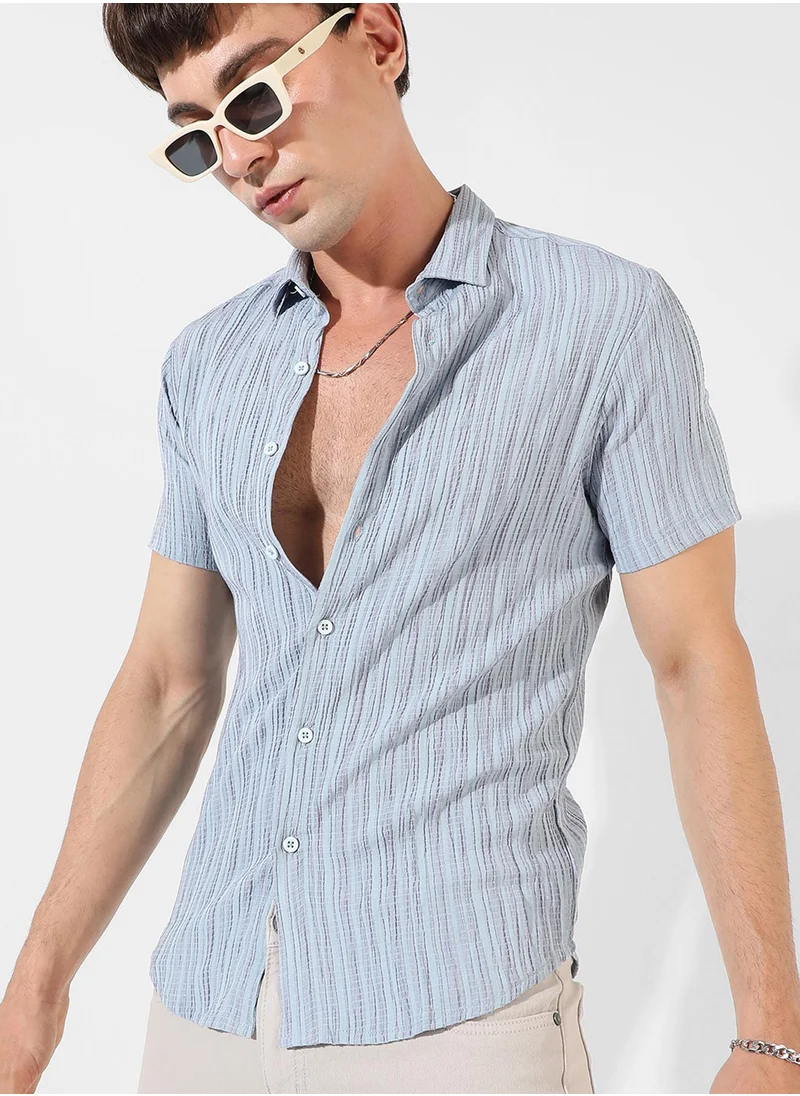 Campus Sutra Men's Light Blue Textured Regular Fit Casual Shirt