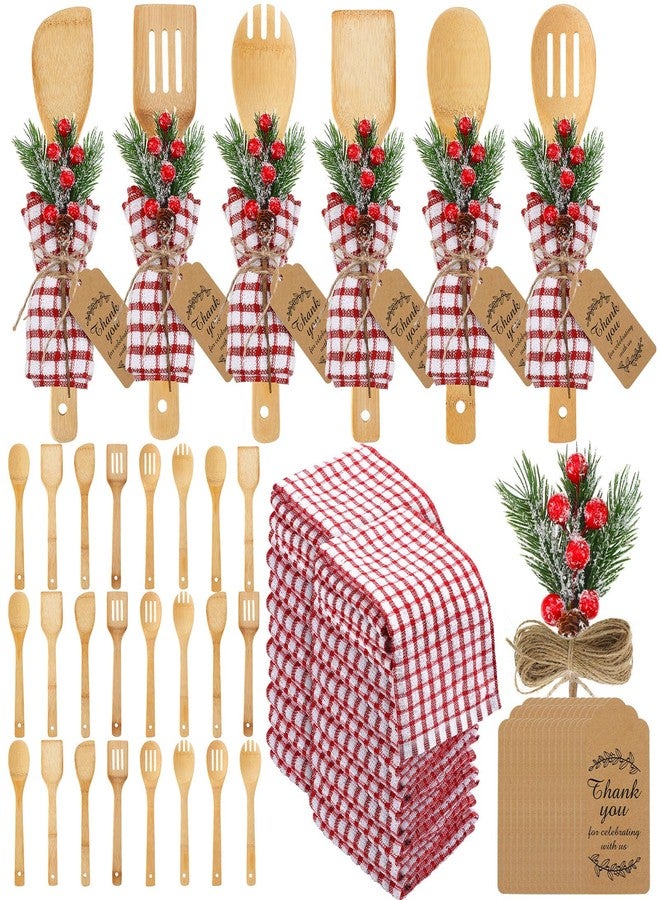 Funnymoom 24 Set Christmas Kitchen Utensils Set Christmas Spatulas Bamboo Spoons with Artificial Picks Waffle Towel Thank You Tag Cooking Tools for Mom Holiday Gift Kitchen Decoration (Classic Shape) - Image 1