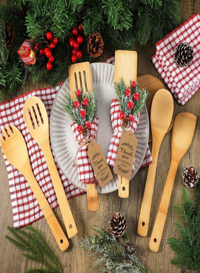 Funnymoom 24 Set Christmas Kitchen Utensils Set Christmas Spatulas Bamboo Spoons with Artificial Picks Waffle Towel Thank You Tag Cooking Tools for Mom Holiday Gift Kitchen Decoration (Classic Shape) - Image 3