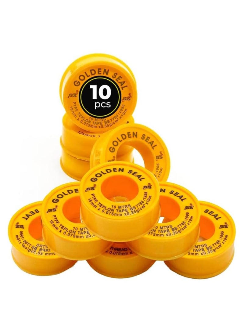Duravel Heavy Duty Teflon Tape Thread Seal Tape for Plumbers, 10m White 3/4" x 19mm Golden Seal Thread Seal Tape For Plumbers Sealant Tape For plumping works (Pack of 10) - Image 1