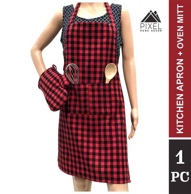 PIXEL HOME DECOR Pixel Home Cotton Apron 100% Cotton Check Kitchen Apron with Front Center Pocket (Apron With Oven Mitt) (Red Checked) - Image 5
