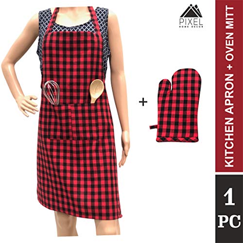 PIXEL HOME DECOR Pixel Home Cotton Apron 100% Cotton Check Kitchen Apron with Front Center Pocket (Apron With Oven Mitt) (Red Checked) - Image 2