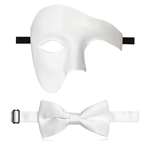 IncreDecor Masquerade Mask for Men Phantom of The Opera Half Face Mask with Bowtie, Venetian Masks for Halloween Party (White) - Image 1