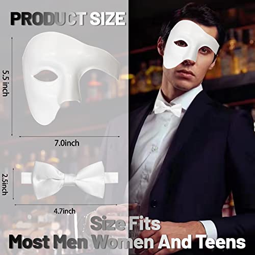 IncreDecor Masquerade Mask for Men Phantom of The Opera Half Face Mask with Bowtie, Venetian Masks for Halloween Party (White) - Image 2