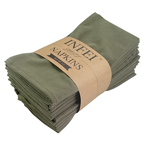 INFEI Plain Color Dinner Cloth Napkins Set of 12 169 x 169 Inches Reusable Cotton Kitchen Table Napkin for Cocktail Parties Weddings Hotel Home Use Army Green