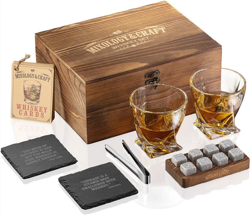 Mixology & Craft Mixology Whiskey Stones Gift Set for Men  Pack of 2 10 oz Whiskey Glasses w 8 Granite Chilling Rocks 2 Coasters Metal Tong  Cocktail Cards in Wooden Box  Twist 