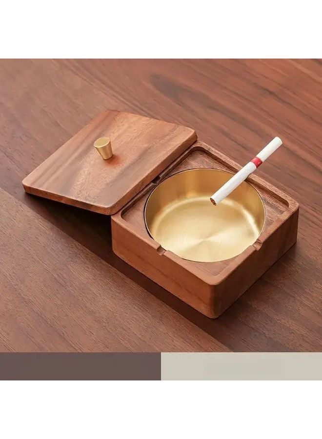 مطفأة سجائر من خشب الجوز مع صينية قابلة للإزالة من الفولاذ المقاوم للصدأ وبطانة ذهبية مقاومة للدخان - Image 1