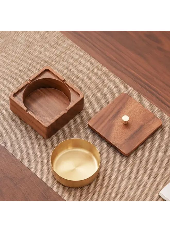 مطفأة سجائر من خشب الجوز مع صينية قابلة للإزالة من الفولاذ المقاوم للصدأ وبطانة ذهبية مقاومة للدخان - Image 5