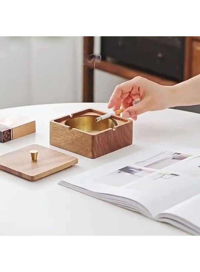 مطفأة سجائر من خشب الجوز مع صينية قابلة للإزالة من الفولاذ المقاوم للصدأ وبطانة ذهبية مقاومة للدخان - Image 2