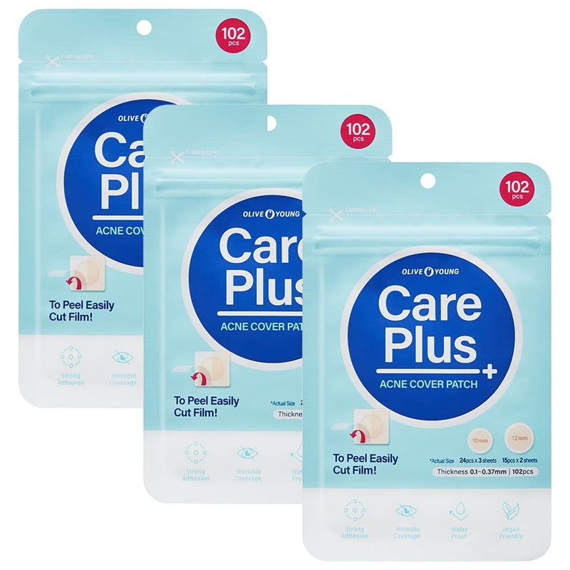 OLIVE YOUNG Care Plus Spot Patch 3 Pack  Hydrocolloid Acne Korean Spot Patch to Cover Zits Pimple  Invisible Acne Patches for Troubled Skin 306 Count10mm216ea  12mm90ea