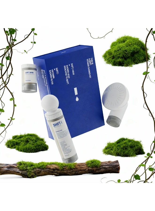 شفت مجموعة فلتر الاستحمام SHIFT الإصدار الأول غنية بالفيتامينات والمرطبات تحمي الشعر من التساقط والتكسر، مناسبة للمكياج الزائد مع رأس دش وفلاتر ترطيب (رائحة الغابة) - Image 1