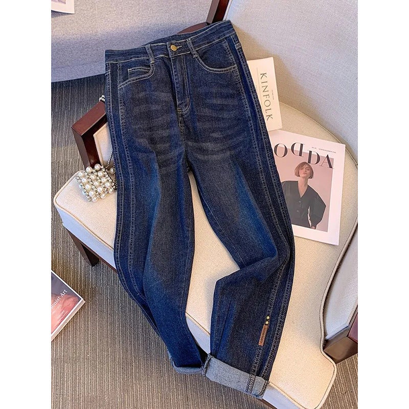 One-piece/Early Autumn Wear plus size chubby girl New Chinese Style National Style Fake Two-piece Knit Sweater Denim Trousers Womens Fashion Single piece of blue pants