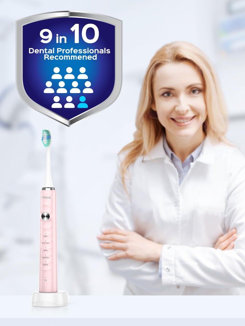 COSLUS Sonic Electric Toothbrush for Kids & Adults: 47000 VPM for Deep Cleaning & Whitening with Travel Case - 5 Modes for Sensitive Teeth & Braces, Wireless Charging, 6 Brush Heads for Home Family - Image 5