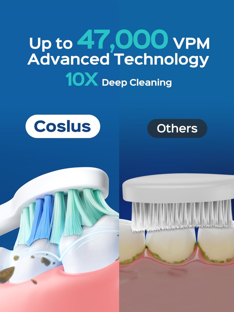 COSLUS Sonic Electric Toothbrush for Kids & Adults: 47000 VPM for Deep Cleaning & Whitening with Travel Case - 5 Modes for Sensitive Teeth & Braces, Wireless Charging, 6 Brush Heads for Home Family - Image 2