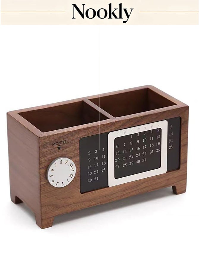 nookly Perpetual Calendar Pen Holder, Walnut Pen & Pencil Holder, Pencil Holder with 2 Compartments Creative Wooden Desktop Storage Box for Remote Control Stationery Storage, Office Desk Supplies Organizer - Image 1