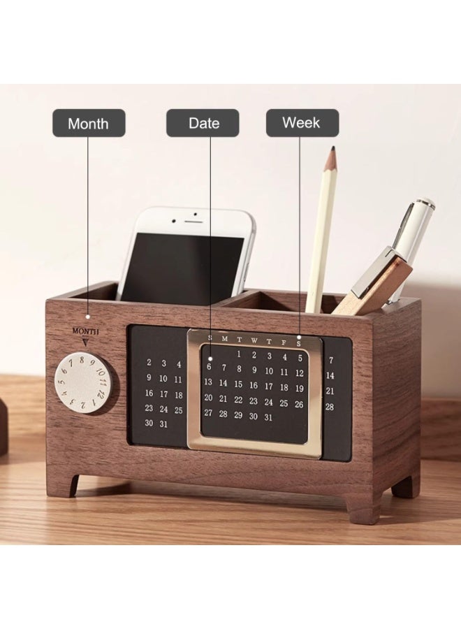 nookly Perpetual Calendar Pen Holder, Walnut Pen & Pencil Holder, Pencil Holder with 2 Compartments Creative Wooden Desktop Storage Box for Remote Control Stationery Storage, Office Desk Supplies Organizer - Image 3