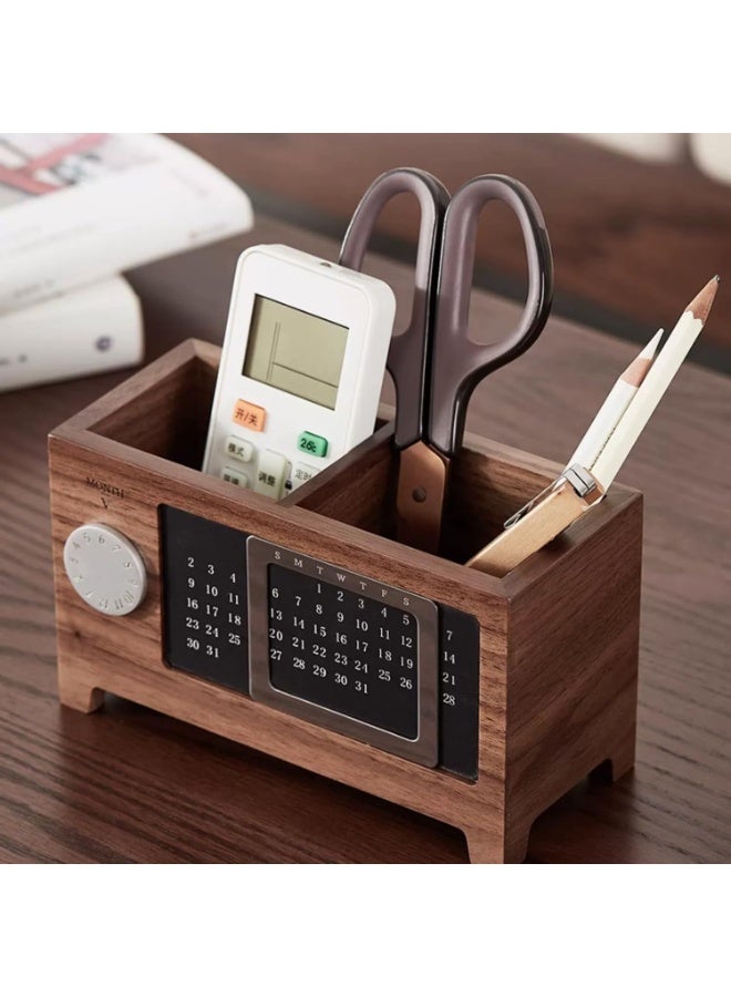 nookly Perpetual Calendar Pen Holder, Walnut Pen & Pencil Holder, Pencil Holder with 2 Compartments Creative Wooden Desktop Storage Box for Remote Control Stationery Storage, Office Desk Supplies Organizer - Image 2
