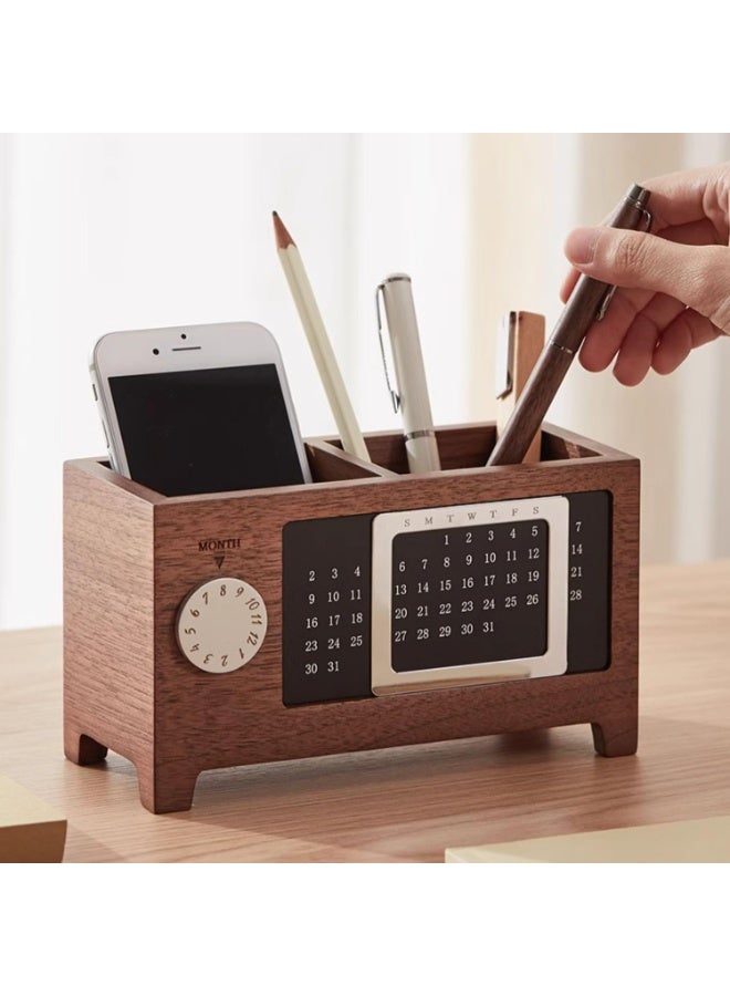 nookly Perpetual Calendar Pen Holder, Walnut Pen & Pencil Holder, Pencil Holder with 2 Compartments Creative Wooden Desktop Storage Box for Remote Control Stationery Storage, Office Desk Supplies Organizer - Image 4