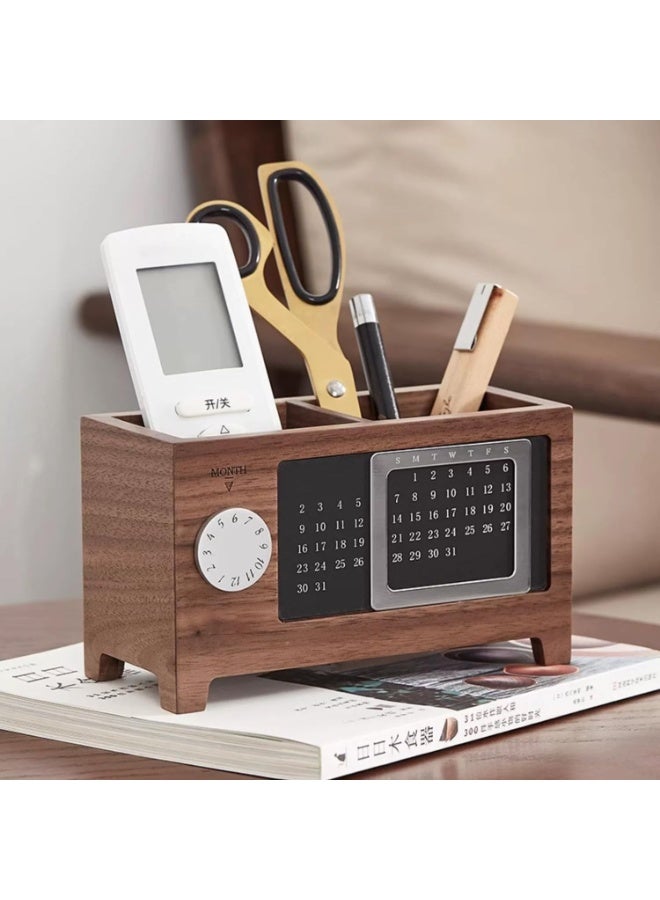 nookly Perpetual Calendar Pen Holder, Walnut Pen & Pencil Holder, Pencil Holder with 2 Compartments Creative Wooden Desktop Storage Box for Remote Control Stationery Storage, Office Desk Supplies Organizer - Image 5