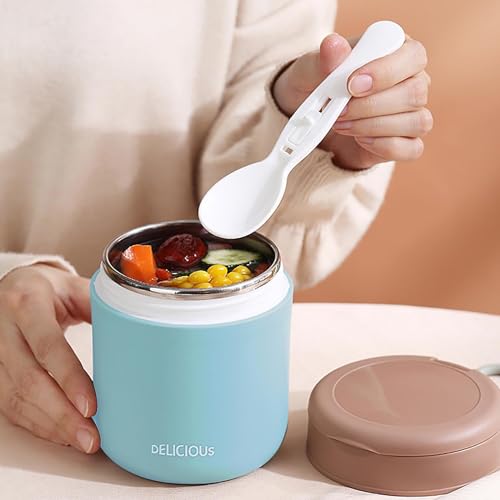 daiDokoro 430ml Stainless Steel Leakproof Lunch Pot/Meal Jar with Foldable Spoon for Office/School/College – Sky Blue - Image 2