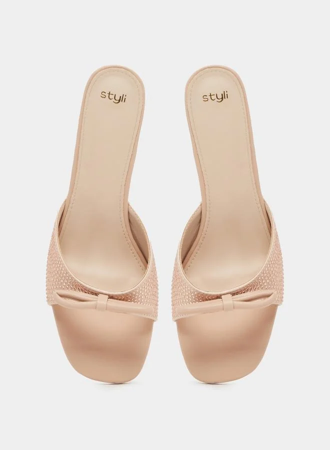 Styli Embellished Bow Block Heel Sandals