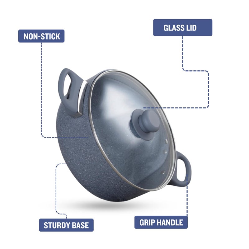 PLUMM Get Plumm Sauce Pot Cookware with Handle | Granite Stone Kadhai with Lid | Induction Base Biryani Pot Glass lid | Cool Touch Bakelite Handle | Cooking Handi Pot (24cm,Gray) | 1 Year Warranty - Image 2