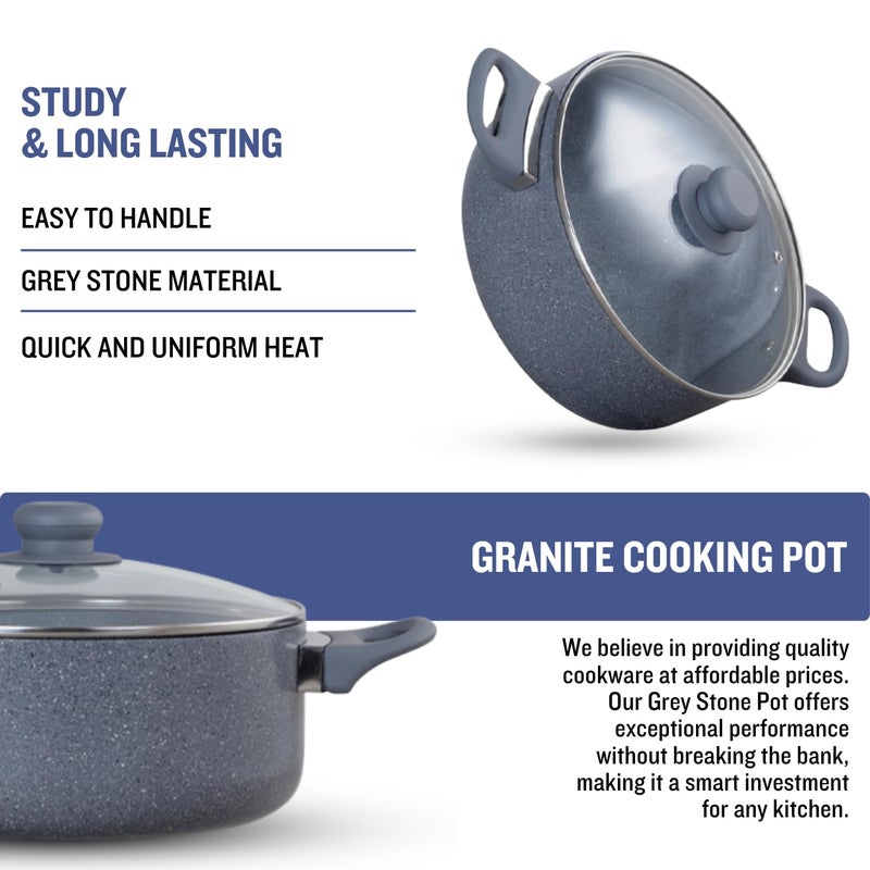 PLUMM Get Plumm Sauce Pot Cookware with Handle | Granite Stone Kadhai with Lid | Induction Base Biryani Pot Glass lid | Cool Touch Bakelite Handle | Cooking Handi Pot (24cm,Gray) | 1 Year Warranty - Image 5
