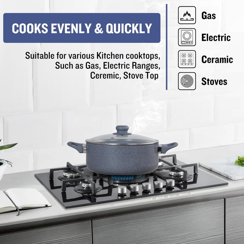 PLUMM Get Plumm Sauce Pot Cookware with Handle | Granite Stone Kadhai with Lid | Induction Base Biryani Pot Glass lid | Cool Touch Bakelite Handle | Cooking Handi Pot (24cm,Gray) | 1 Year Warranty - Image 4