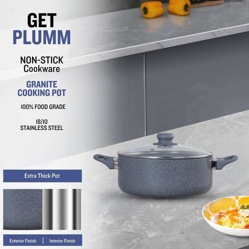 PLUMM Get Plumm Sauce Pot Cookware with Handle | Granite Stone Kadhai with Lid | Induction Base Biryani Pot Glass lid | Cool Touch Bakelite Handle | Cooking Handi Pot (24cm,Gray) | 1 Year Warranty - Image 3