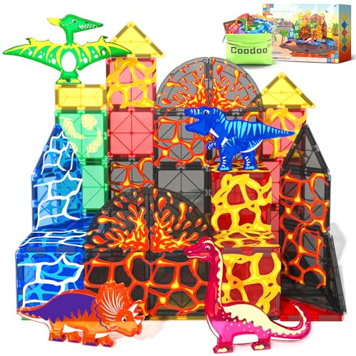 Coodoo Dinosaur Toys Magnetic Tiles Lava Dinosaur World Set - Magnetic Blocks Building for Kids 3-5 5-7 Girls Boys Toy Age 4-6 6-8, Classroom Must Haves Toddler Sensory for 3+ Year Old Kids Toys - Image 1