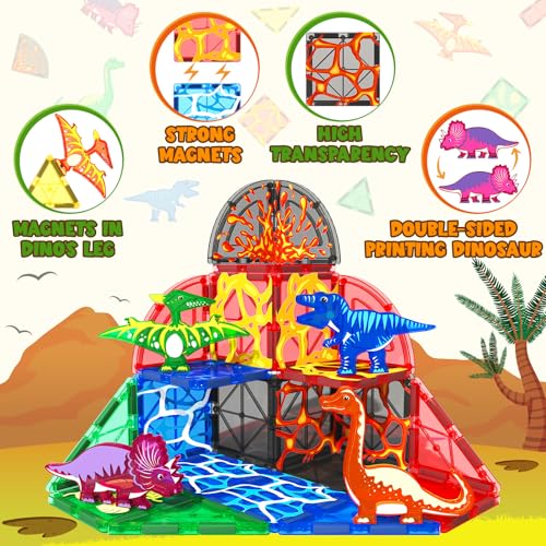 Coodoo Dinosaur Toys Magnetic Tiles Lava Dinosaur World Set - Magnetic Blocks Building for Kids 3-5 5-7 Girls Boys Toy Age 4-6 6-8, Classroom Must Haves Toddler Sensory for 3+ Year Old Kids Toys - Image 3