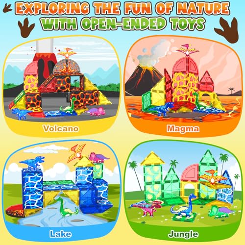 Coodoo Dinosaur Toys Magnetic Tiles Lava Dinosaur World Set - Magnetic Blocks Building for Kids 3-5 5-7 Girls Boys Toy Age 4-6 6-8, Classroom Must Haves Toddler Sensory for 3+ Year Old Kids Toys - Image 5