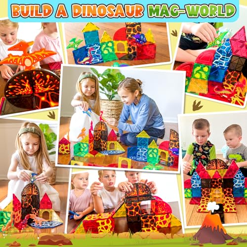 Coodoo Dinosaur Toys Magnetic Tiles Lava Dinosaur World Set - Magnetic Blocks Building for Kids 3-5 5-7 Girls Boys Toy Age 4-6 6-8, Classroom Must Haves Toddler Sensory for 3+ Year Old Kids Toys - Image 2