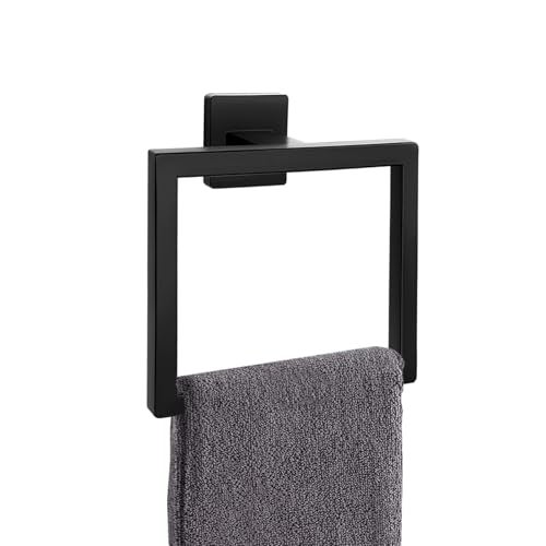 Kiakuoow Matte Black Towel RingSquare Hand Towel HolderTowel Hanger Bathroom Hardware AccessoriesStainless Steel WallMounted Towel Hoder - Image 1