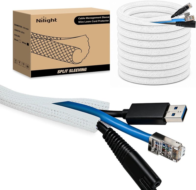 Nilight Cable Sleeve, 25ft-1/2inch Cable Management Sleeves, Braided Cable Sleeving, Split Self Wrapping Wire Loom for Computer Cable Electrical Wire Automotive Harness Protector Organizer, White - Image 1