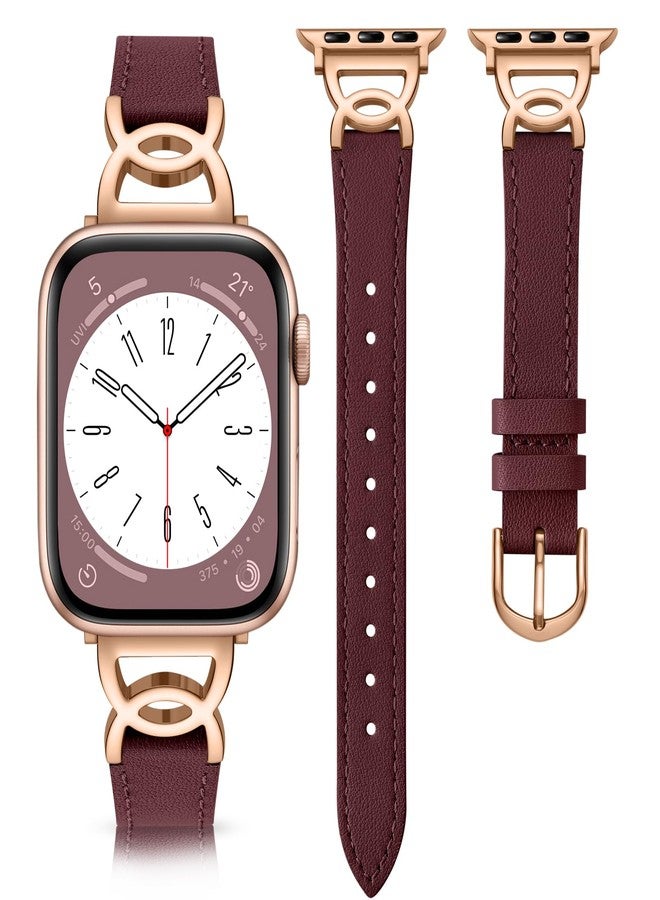 DaQin Slim Leather Band Compatible with Apple Watch Bands for Women 40mm 38mm 41mm 42mm, Dressy Leather Strap with Designer DC-shaped Buckle for iWatch Bands Series 11 10 9 8 7 6 5 4 3 2 1 SE,Wine - Image 1