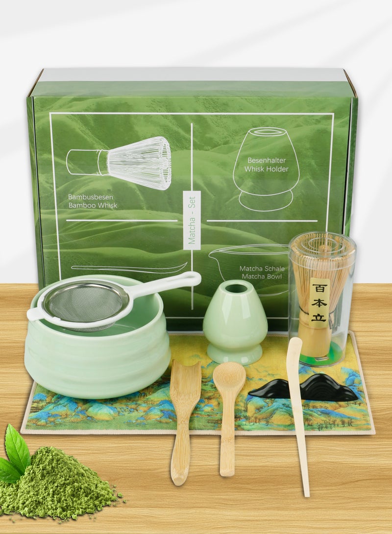 Xkimos 9 Piece Matcha Whisk Set Bamboo Matcha Tools, Including Matcha Bowl, Bamboo Mixing Spoon, Mixing Stand, Stainless Steel Sieve and Complete Tea Brewing kit, Perfect for Traditional Matcha (Green) - Image 1