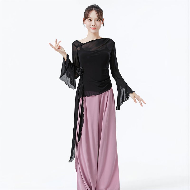 Dance Top for Women Soft Chiffon Flowy Floral Long Sleeve Practice Shirt M - Image 1
