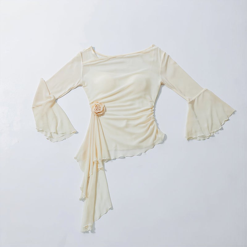 Dance Top for Women Soft Chiffon Flowy Floral Long Sleeve Practice Shirt M - Image 4