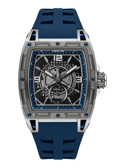 شيروتي 1881 Men's Belluno Multifunction Watch for Men - Tonneau Case, Black Smoked Transparent Dial, Blue Silicon Strap