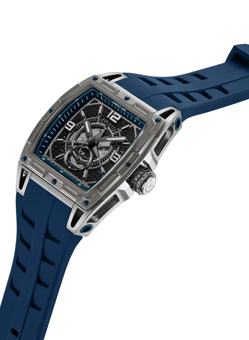 شيروتي 1881 Belluno Multifunction Watch for Men - Tonneau Case, Black Smoked Transparent Dial, Blue Silicon Strap