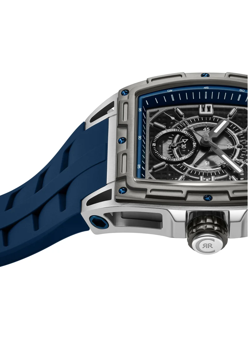 CERRUTI 1881 Men's Belluno Multifunction Watch for Men - Tonneau Case, Black Smoked Transparent Dial, Blue Silicon Strap