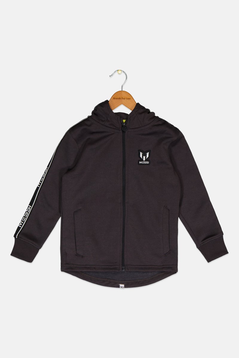 MESSI Kids Boy Hooded Brand Logo Jacket, Black - Image 1