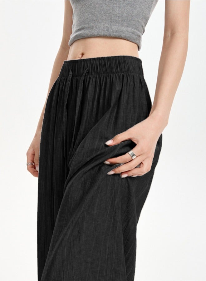 Women's Free Size Wide Leg Trousers Casual Loose Lounge Pants with Drawstring Solid Baggy Ladies Trousers for Summer - Image 2