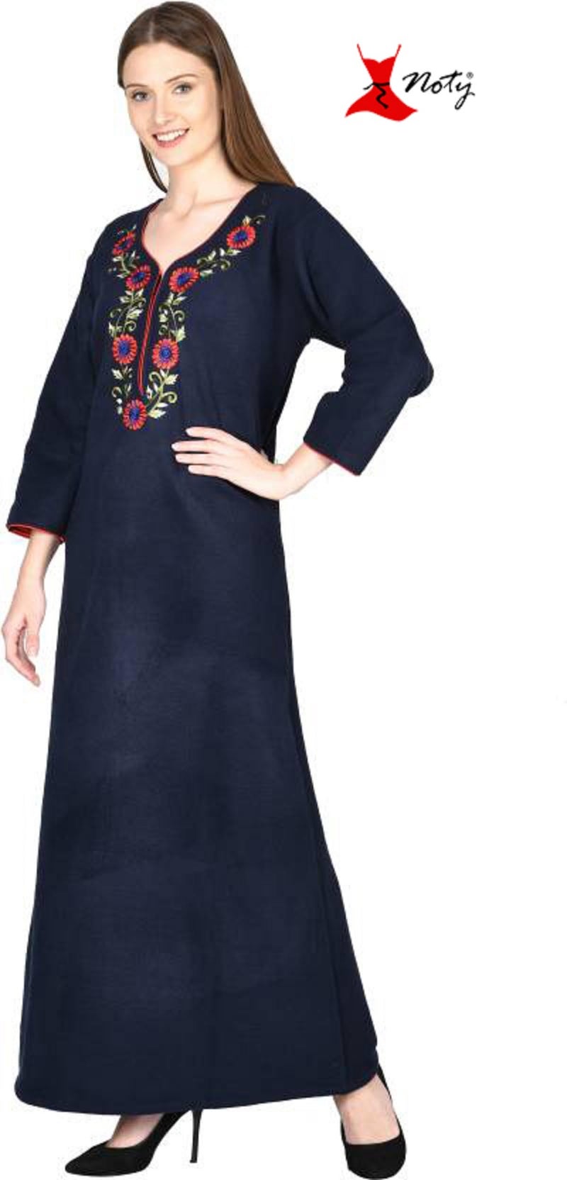 Noty Store Noty Women Woolen Winter Fleece Nighty 3/4 Sleeve - Punch, Maroon, Deep Purple, Navy Blue (Navy Blue, 2XL) - Image 3