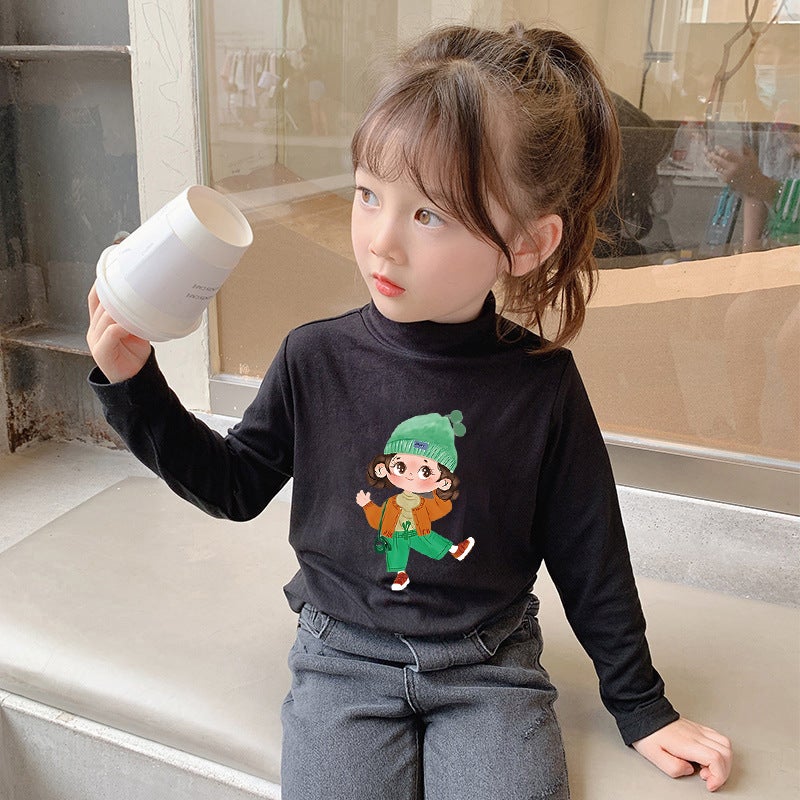 Girls' Velvet Warm T-Shirt Base Shirt Children'S Half-High Collar Long-Sleeved T-Shirt Skin-Friendly Inner Top Trendy - Image 1