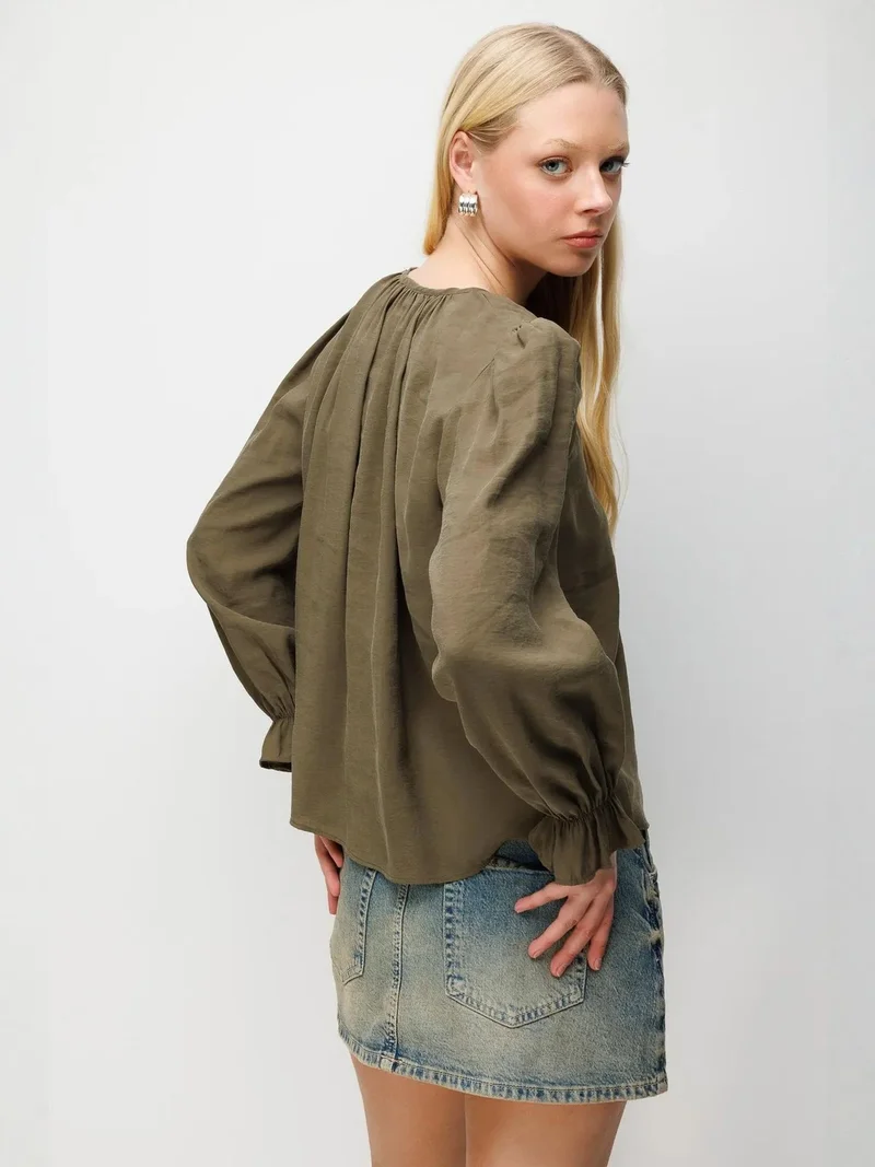 Mixray Khaki Green MIXRAY Textured Button-Up Crew Neck Blouse for Women | Best Price UAE