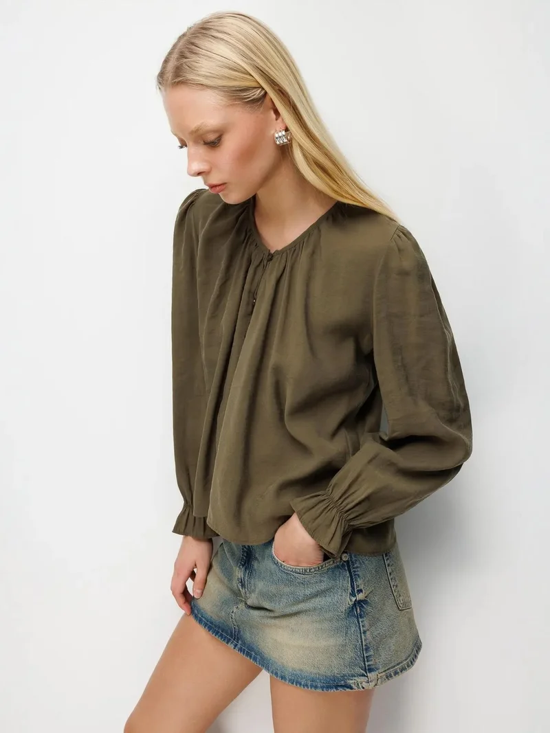 Mixray Khaki Green MIXRAY Textured Button-Up Crew Neck Blouse for Women | Best Price UAE