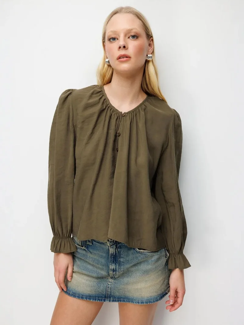 Mixray Khaki Green MIXRAY Textured Button-Up Crew Neck Blouse for Women | Best Price UAE