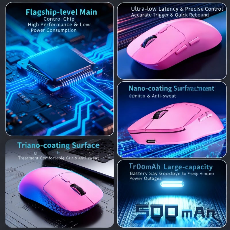 ماوس ألعاب لاسلكي خفيف 65 جرام، ثلاثي الوضع 2.4G/بلوتوث/سلكي، DPI قابل للتعديل حتى 6400، بطارية 500 مللي أمبير قابلة لإعادة الشحن، مريح للألعاب الرياضية والمكتب (أحمر) - Image 2